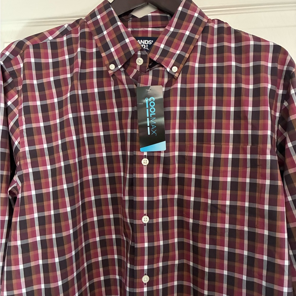 Lands' End Men's Checkered Shirt - Burgundy and White